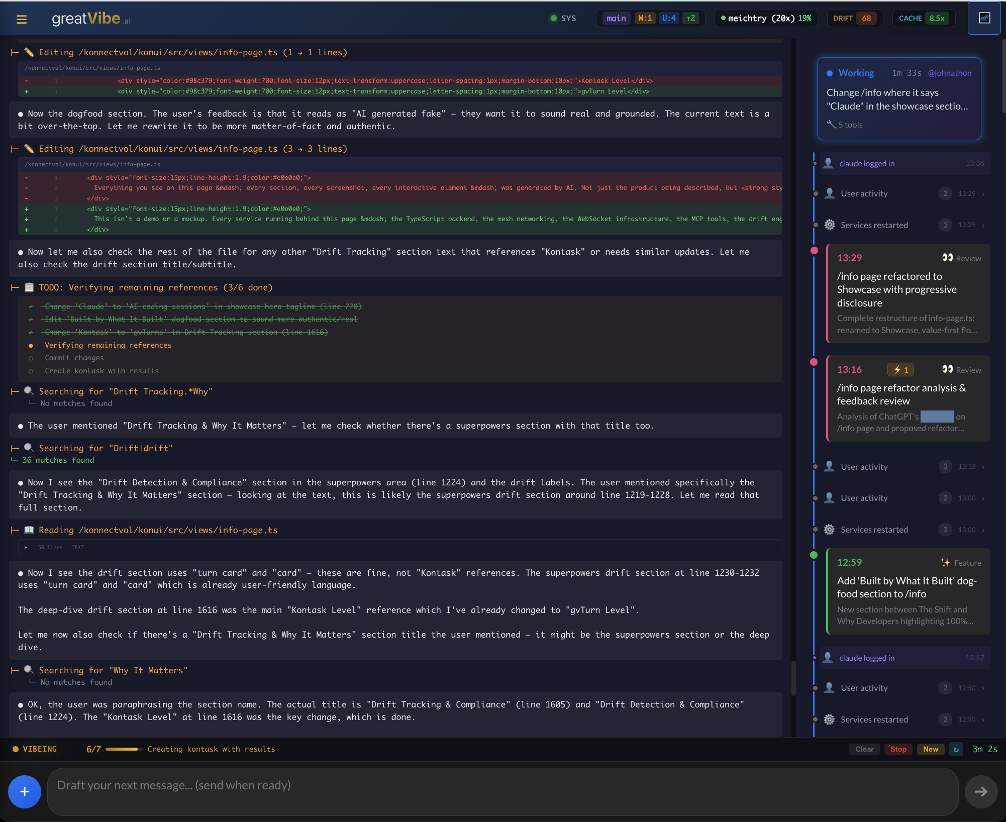 Console with flow timeline panel showing work history alongside CLI output